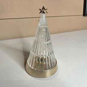 Pre-Lit Glass Christmas Tree Topiary Clear Gold Base Tabletop Battery Lights